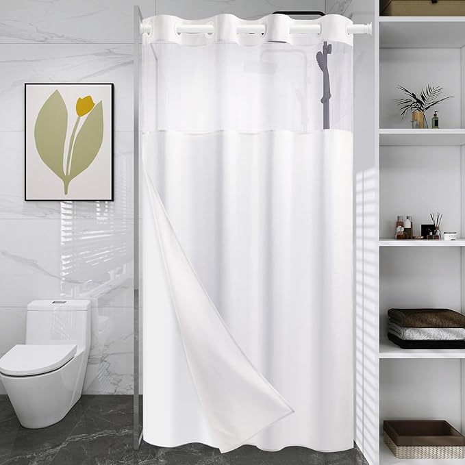 Small No Hook Shower Curtain with Snap in Liner, Polyester Textured Shower Curtain with Liner Set, Waterproof Washable Hotel Style Shower Curtains for Bathroom, 54Wx80H, White