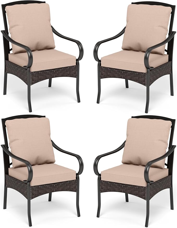 PHI VILLA Outdoor Dining Set of 4, Heavy Duty Outdoor Metal Wicker Dining Chair with Thick Cushions, Large All Weather Wrought Iron Deck Chair for Outisde, Porch Backyard, Support 300lbs