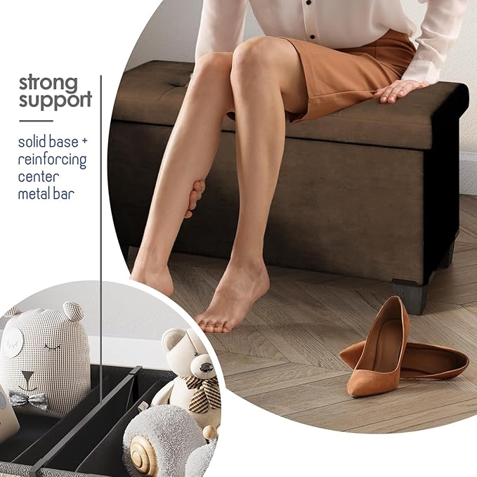 STORAGEBUD Storage Ottoman Bench with Bins, 30-in Storage Bench for Bedroom End of Bed, Folding Foot Rest Ottoman for Living Room Max 660lbs, Velvet Ottomans, Brown