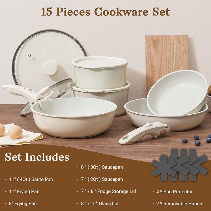 15Pcs Pots and Pans Set Non Stick, Cookware Sets with Detachable Handle, Nonstick RV Kitchen Cooking Tools Removable Handles, Oven Safe, Induction Fast, Stackable Induction Cookware, White