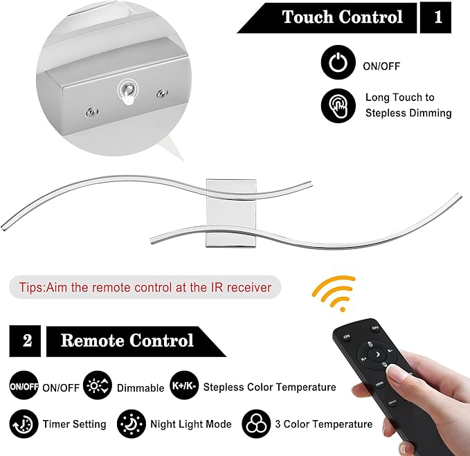 Battery Operated Wall Sconces Set of Two with Remote Control, Stepless Colors 3000K-6000K & Dimming, LED Chrome Wireless Wall Light for Living Room, Hallway, Bedroom, 39.3 Inch (2 Pack)