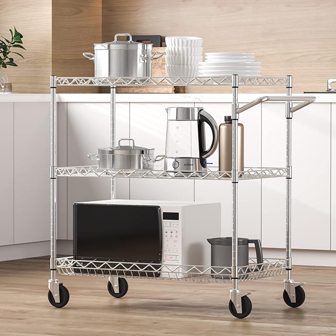 VEVOR Kitchen Utility Cart, 3 Tiers, Wire Rolling Table with 661 LBS Capacity, Steel Service Desk on Wheels, Metal Storage Trolley with 80 mm Deep Basket Curved Handle 6 Hooks