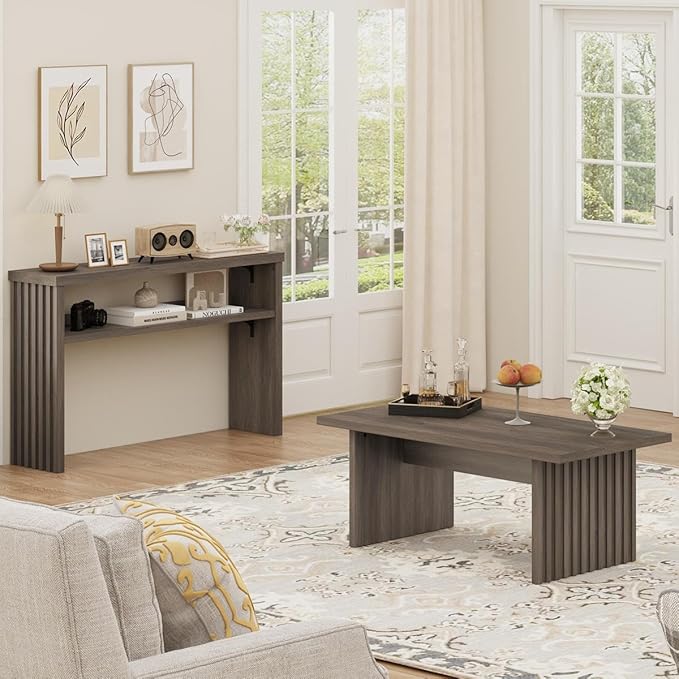 BON AUGURE Fluted Coffee Table, Wood Living Room Tables, Rectangle Coffee Tables for Living Room, Center Table for Home, Office (Greige Oak, 43Inch)