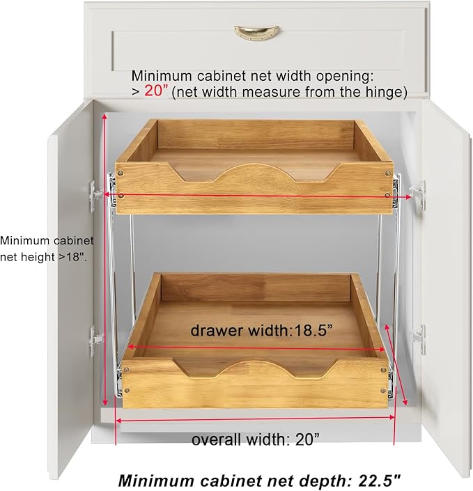DINDON 2 Tier Pull Out Cabinet Organizer (20" W x 21" D) Wood And Metal Double Tier Slide Out Wood Drawer Under Cabinet Storage Organization