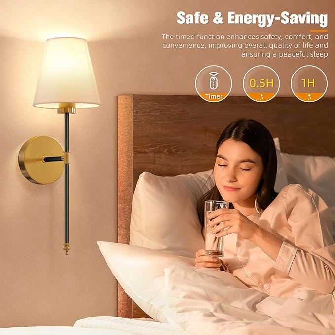 NIORSUN 19.9 inch Battery Operated Wall Sconce Set of 2,Black-Gold Rechargeable Wall Lights with 5200mAh Dimmable Detachable Bulbs and Remote,10 Colors Wireless Sconces for Bedroom Living Room Hallway