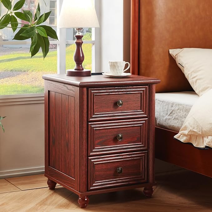 18" Farmhouse Night Stand Set 2 with Charger Station, RedOak 2 & 3 Drawers Wood Nightstand, Bedside End Table with Storage and Roman Column, Bed Side Tables Cabinet for Bedroom Living Room and Closet