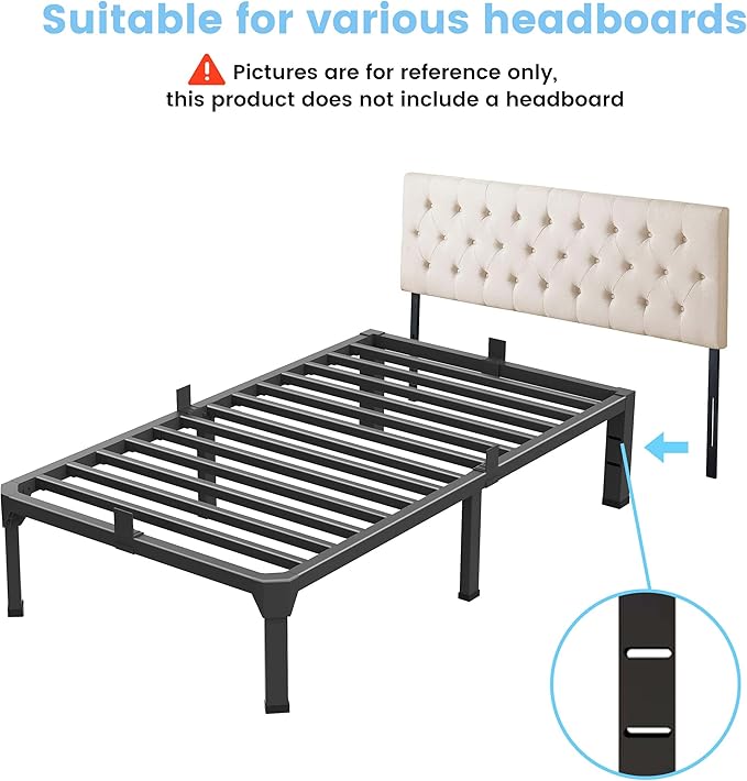 Twin Bed Frame with Mattress Slide Stopper, 14 Inch Metal Platform Bed Frame, Heavy Duty Tall Bed Frame No Box Spring Needed with Large Storage Space, Easy Assembly, Noise Free