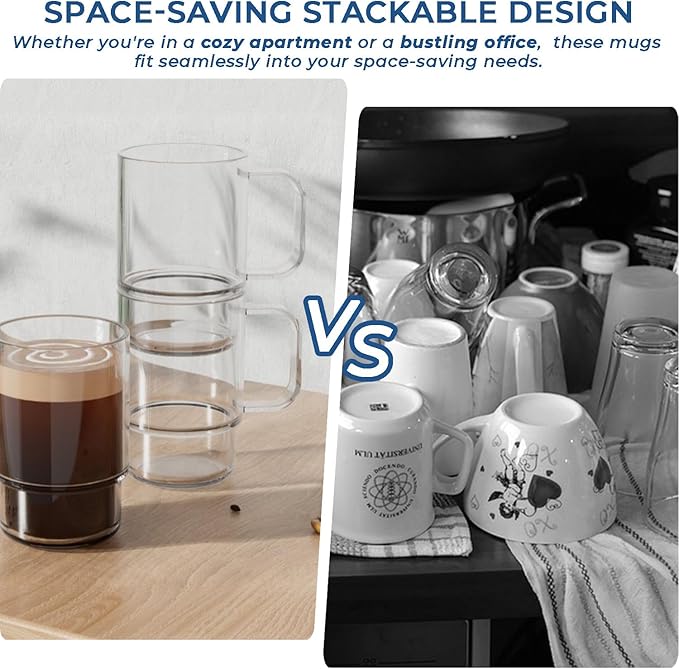 Aquach 22oz Stackable Glass Mugs with Handle, Set of 2 - Large Clear Coffee Cups for Latte, Cappuccino, Mocha, Americano, and Tea