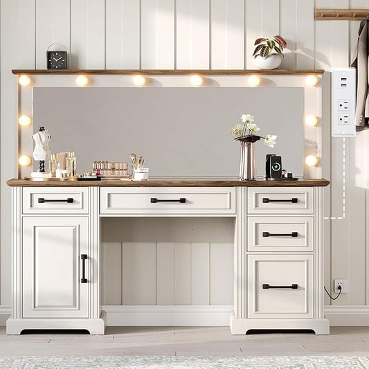 55" Farmhouse Vanity Desk with Large Mirror & Lights, Glass Top Large Makeup Vanity Table with 10 Hollywood Lights Bulbs, Charging Station, 5 Drawers, Dressing Table for Bedroom, Rustic White