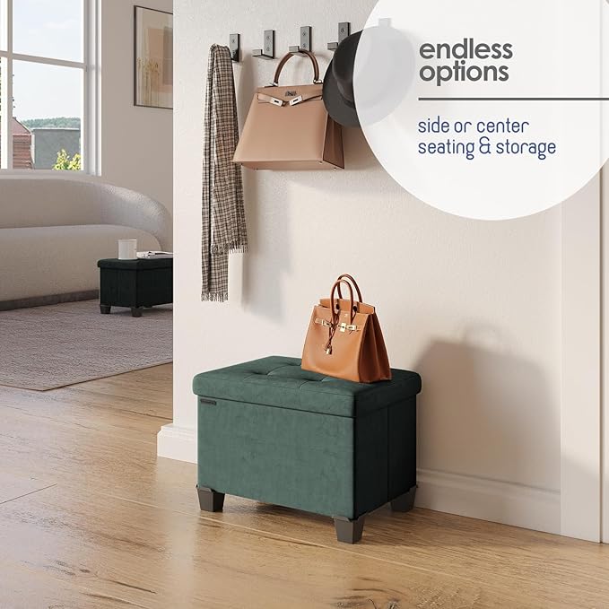 STORAGEBUD Storage Ottoman Cube with Small Bin, 16-in Square Ottoman with Storage for Living Room and Bedroom, Small Ottomans Foot Rest, Velvet Foot Stools Ottomans Max 330lbs, Green