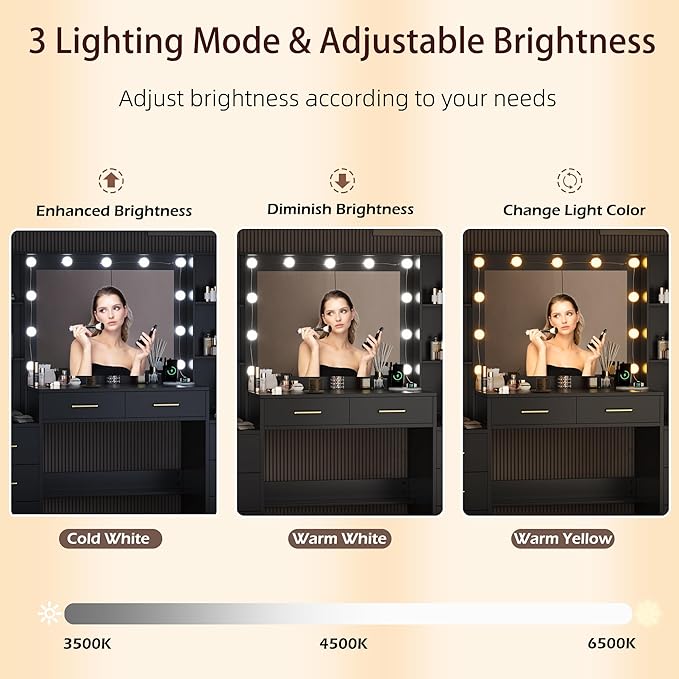 Black Vanity Desk with Mirror, Lights & Charging Station, 58.3" 3 Lighting Modes Makeup Desk with 8 Drawers, 2 Cabinets and Lots Storage, Dressing Table Vanity Set with Lighted Mirror