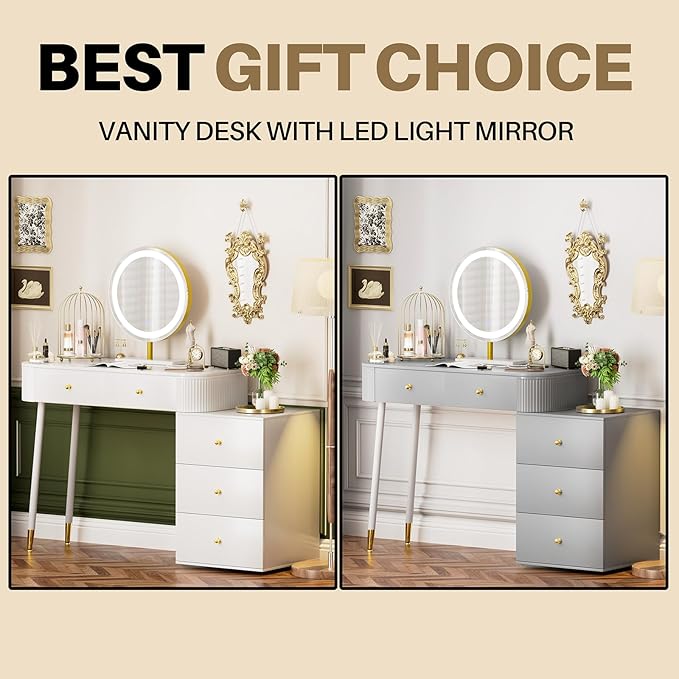 WinZo 36" Vanity Desk with Mirror and 3 Light Modes, Dressing Table Set with 5 Sliding Drawers, Makeup Desk with Charging Station, Modern Vanity for Small Spaces & Bedroom, Gray