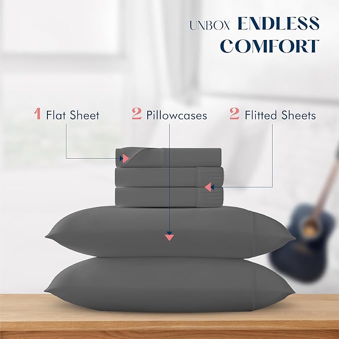 XOOX Linen Split King Sheets Sets for Adjustable Bed - 100% Cotton 500 Thread Count Split Head King Sheets (5 PC, Dark Grey), Soft, Cooling Sateen Weave Sleep Number Deep Pocket Bed Sheet Set