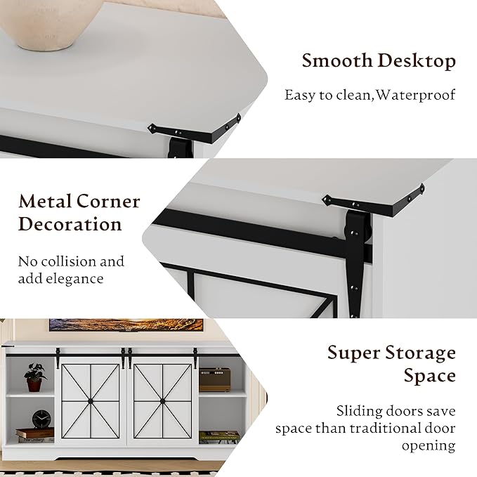 Farmhouse TV Stand for 55 60 65 Inch TV,Mid Century Modern TV Cabinet with Storage Sliding Barn Doors,Easy Assembly,Entertainment Center Console Table for Bedroom Living Room-White&Metal Black