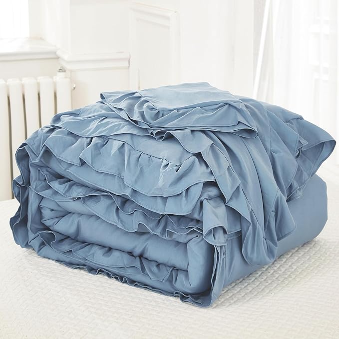 Litanika Grayish Blue Full Size Comforter Sets, 3 Pieces Ruffle Farmhouse Aesthetic Bedding Comforter Sets, All Season Soft Lightweight Fluffy Microfiber Bed Set(79x90In Comforter, 2 Pillowcases)