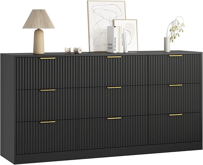 9 Drawer Dresser for Bedroom with Deep Drawers, 63" Wide Wood Dresser, Large Floor Chest of Drawers, Modern Long TV Stand, Storage Cabinet Side Table, Black