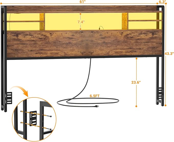 Aheaplus Headboard for Queen Size Bed with Storage, Headboards with LED Light, Power Outlets, USB Ports Queen Size Head Board, Wood headboard Only Sturdy and Stable Headboards, Modern, Rustic Brown