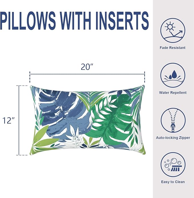 Outdoor/Indoor Lumbar Pillows, Water Repellent Cushion Pillows, 12x20 Inch, Outdoor Pillows with Inserts for Home Garden, Pack of 2, Islamorada Blue Green