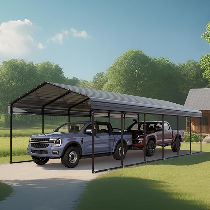 MFSTUDIO Carport 12x30 ft, Outdoor Heavy Duty Metal Shed Carports, Metal Garage Car Shelter Shade Car Port with Galvanized Roof, Frame and Bolts for 2 Cars, Truck and Boats