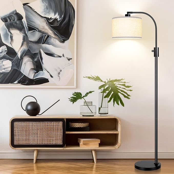 [Upgraded] Dimmable Black Floor Lamp, 1200 Lumens LED Edison Bulb Included, Arc Floor Lamp for Living Room Modern Standing Tall Floor Lamps with Linen Shade for Bedroom Office Reading Room Nursery