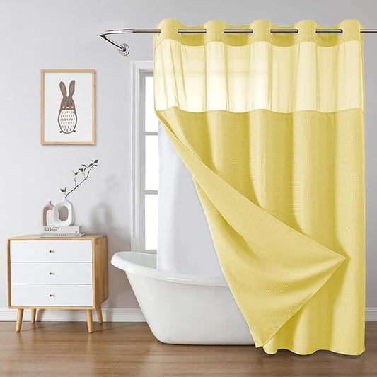 Yellow No Hook Waffle Weave Shower Curtain with snap-in Liner Replacement, 230GSM Waterproof Fabric Hotel Shower Curtain Set for Bathroom, Through Mesh Top Window,71Wx86H