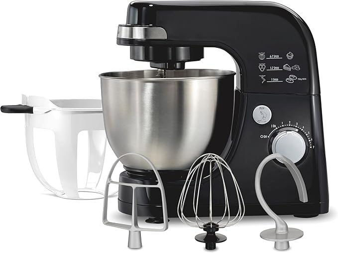 Hamilton Beach Electric Stand Mixer, 4 Quarts, Dough Hook, Flat Beater Attachments, 7 Speeds, Whisk, Stack & Scrape Bowl Scraper, Black