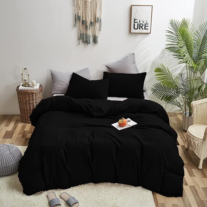 Cottonight Black Comforter Set Full Men Boys Black Bedding Set Modern Dark Color Soft Quilts Blanket Modern Gothic 3 Piece Plain Comforter for Women Men Full Bed