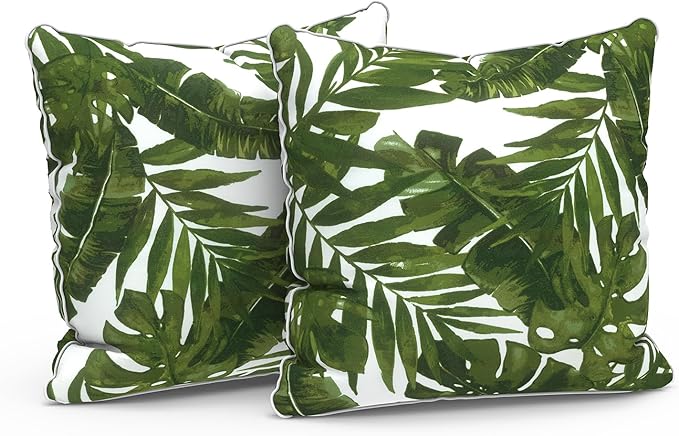 LVTXIII Outdoor Throw Pillows 18x18 Patio Waterproof Square Pillows with Piping Fade Resistant Accent Pillow for Spring Summer Garden Decoration, Set of 2, Palms Green