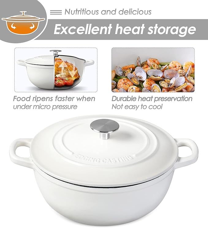 Enameled Cast Iron Dutch Oven Pot with Lid for Sourdough Bread Baking, Bread Dutch Ovens, Cooking Pots, 5 Quart, White