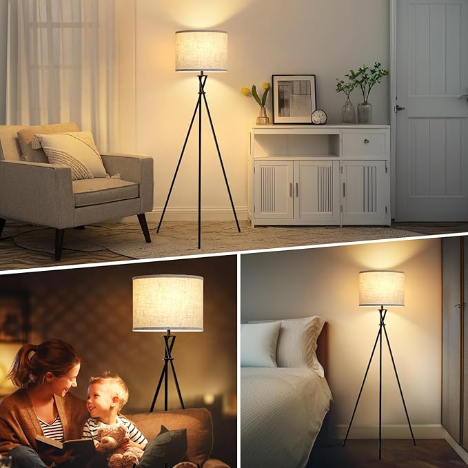 Tripod Floor Lamp Black, 61” Tall Floor Lamps, Standing Lamp with Rotary Switch, Modern Floor Lamp Simple Design with Beige Shade, Floor Lamps for Living Room, Bedroom, Office, Without Bulb