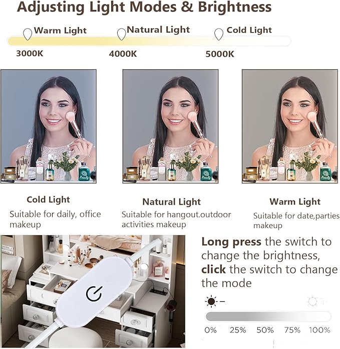 Farmhouse Makeup Vanity with Lighted Mirror & Charging Station, Vanity Desk Dresser Table with 3 Lighting Modes Brightness Adjustable,Drawers,Hair Dryer Stand for Bedroom,White(No Stool)