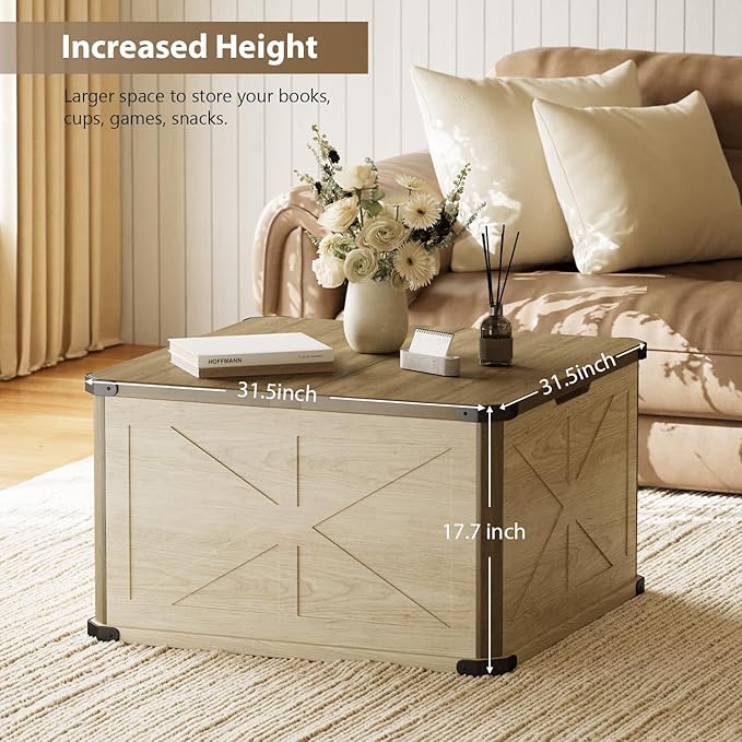 HOPUBUY Farmhouse Coffee Table with Hidden Storage - Rustic Wood Center Table for Living Room, Metal Corner Reinforcement, Square Design with Flip-Top Compartment, Brown and Rustic White