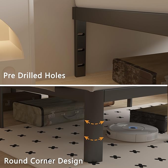 14 Inch Queen Bed Frame with Metal Gaskets, Black Bed Frame Queen Size No Box Spring Needed, Heavy Duty Steel Platform Support, Round Corner Design, Noise Free, Storage Space, Easy Assembly