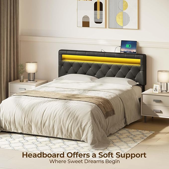 GREENSTELL Headboard for Queen Size Bed with 60,000 DIY color of LED Light, USB & Type C Post, Attach Frame, Height Adjustable, Black Wall Mounted Head Boards Only, Sturdy & Stable, Comfortable, Queen