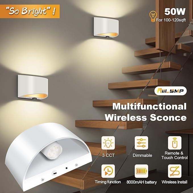 2 Pack Battery Operated Wall Sconce with Remote Control,No Hardwired White Aluminum Wall Sconces Set of Two,50W Equivalent Battery Wall Light,3000K-6500K Dimmable Wall Sconces