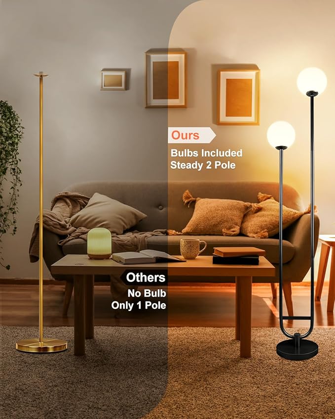 Lightdot 63IN Globe Floor Lamp with Black Candle Holder Style Modern Mid Century Standing Lamps with 2 Globe 3000K Warm Bulbs Included Unique Vintage Tall Floor Lamp for Lving Room