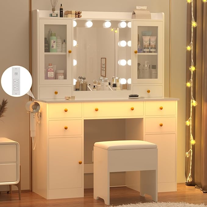 Vanity Desk with Mirror and Lights, 43" White Makeup Vanity Set with 5 Drawers & Glass Cabinets, Storage Stool, Power Outlet & Adjustable LED Lights, Dressing Table for Women & Girls Bedroom
