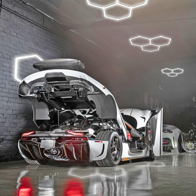 Hexagon Led Lights, Hexagon Garage Lights, 3 Grids High Brightness 128W 15360 Lumens Honeycomb Lights Ceiling for Auto Beauty Detailing Shop,Exhibition Hall, Gym