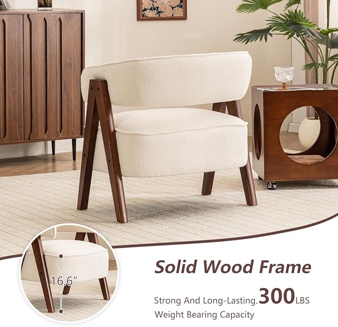 Kidol & Shellder Mid Century Accent Chair Set of 3 Comfy Fabric Modern Living Room Bedroom Chairs Upholstered Lounge Reading Armchair with Thicken Seat Cushion Wood Frame （White）