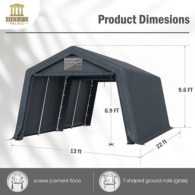 HERA'S PALACE 13x22 ft Heavy Duty Carport Portable Canopy Storage Shelter Shed with Metal Frame and Divider Curtain All-Season Tarp for Car Boat Truck Motorcycle