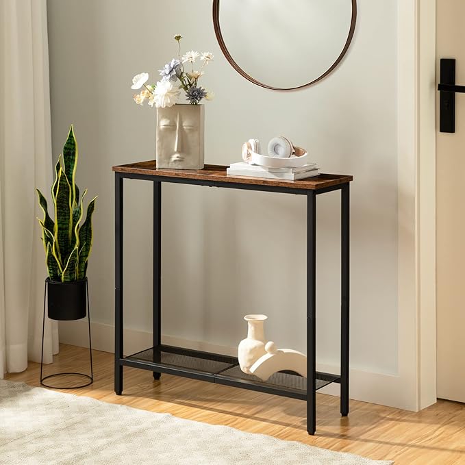 HOOBRO 29.5" Narrow Console Table, Small Entryway Table with Shelf, 2 Tier Thin Sofa Table, Behind Couch Table, Side Table, for Hallway, Living Room, Bedroom, Rustic Brown and Black BF74XG01
