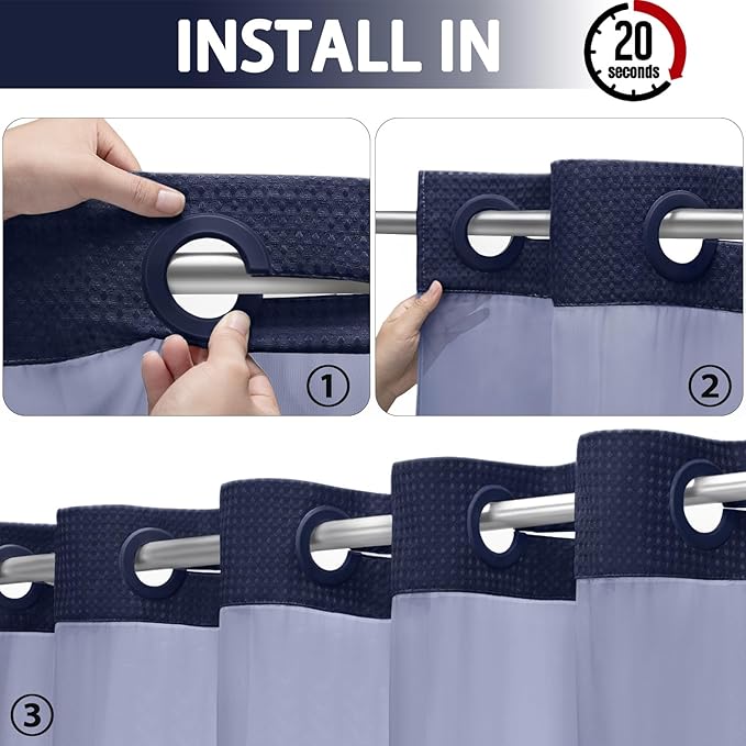 YellyHommy No Hook Shower Curtain with Snap in Liner Set Less Time Navy Blue Waffle Shower Curtain for Bathroom 75" L x 72" W