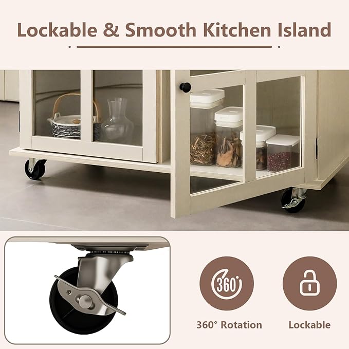 Rolling Kitchen Island with Storage on Wheels, 37.4" Island Table for Kitchen, with 2 Drawers, Adjustable Shelves, Towel & Spice Racks, Solid Pine Top - Warm Beige