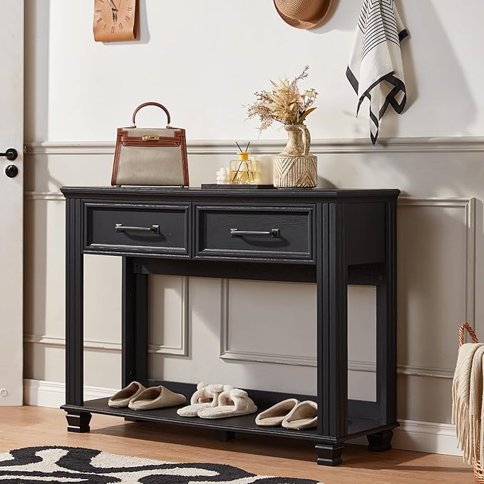 Farmhouse 46" Console Table with 2 Drawers, Rustic Wood 2 Tier Entryway Table with Open Storage Shelf for Entry, Large Mid-Century Vintage Sofa Tables Behind Couch for Living Room, Black