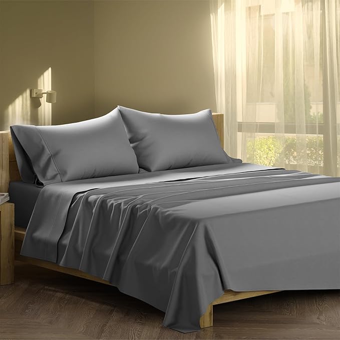XOOX Linen 100% Cotton King Size Sheets Set - 500 Thread Count 4 PC Cotton Sheets for King Bed, Deep Pocket King Sheet Set for Hot Sleepers, Cotton Sheets King Size, Soft Cooling Sheets (Dark Grey)