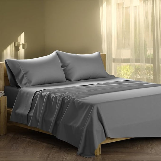 XOOX Linen Cotton Sheets Queen Size Set - 100% Cotton 500 Thread Count Queen Sheet Set (4 PC, Dark Grey), Soft, Cooling, Sateen Weave, Luxury Hotel Quality Deep Pocket Bed Sheet for Hot Sleepers