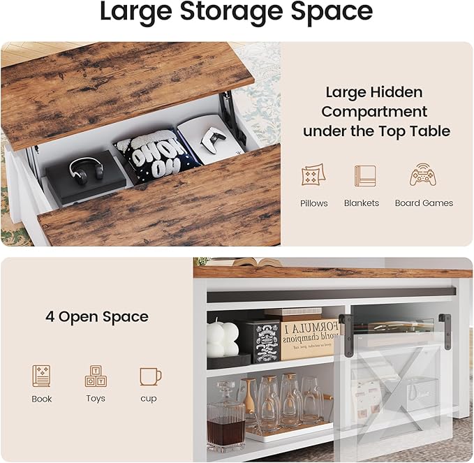 SEDETA 31.5" Lift Top Coffee Table with Storage, Square Coffee Tables for Living Room, Farmhouse Coffee Table with Large Hidden Storage Compartment and Adjustable Shelves, White