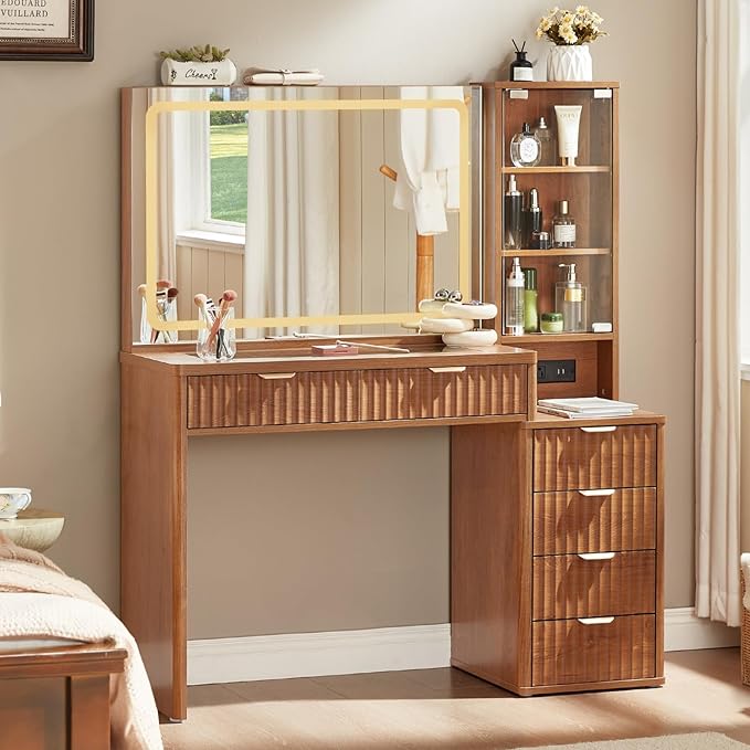 LEYAOYAO Vanity Desk with Mirror and Lights, 43.5'' Fluted Makeup Vanity with 6 Drawers and Adjustable Shelves, Glass Top Make Up Vanity, Girls Wood Dressing Table with Power Outlet for Bedroom