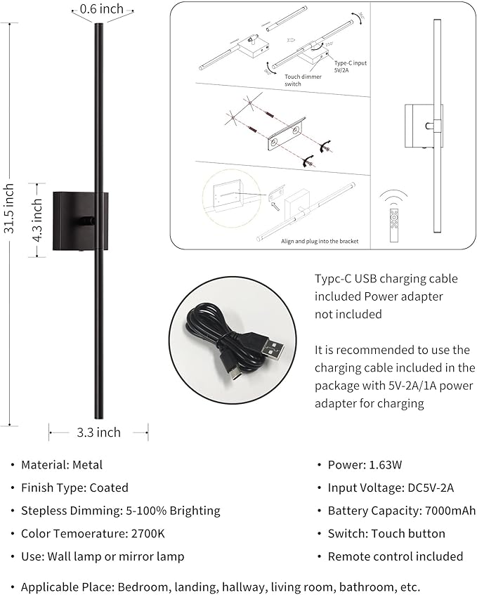 KDG Cordless Wall Sconces Set of 2, Wireless 7000mAh Rechargeable Battery Operated LED Wall Lamps with Remote, 360° Rotate Lightings for Wall Painting, Bedroom, Hallway, Night Light 31.5 inch (Black)