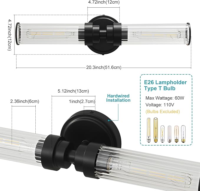 Bathroom Light Fixtures, Black Wall Sconce in Threaded Glass Indoor Vanity Lights, Modern Bathroom Vanity Light Up and Down Sconces Wall Lighting for Bathroom, Living Room - Bulb Not Included